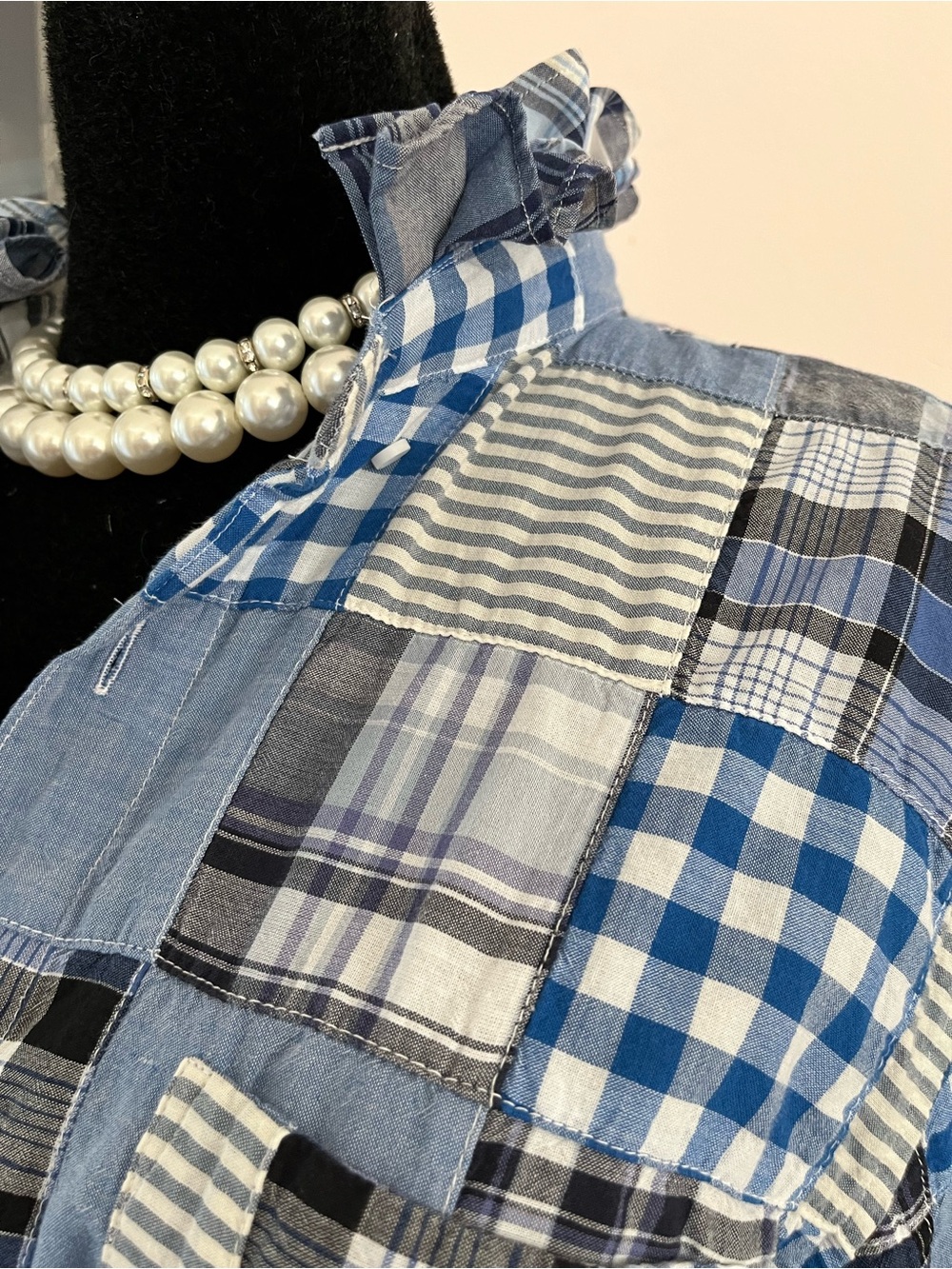 Refashioned J.Crew Blue Patchwork Plaid Button-Down with Ruffle Collar